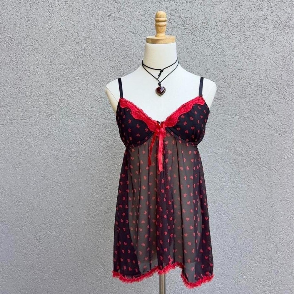 Y2K Rampage Intimates Babydoll Lingerie Dress Lace Red Heart Print Size Large
